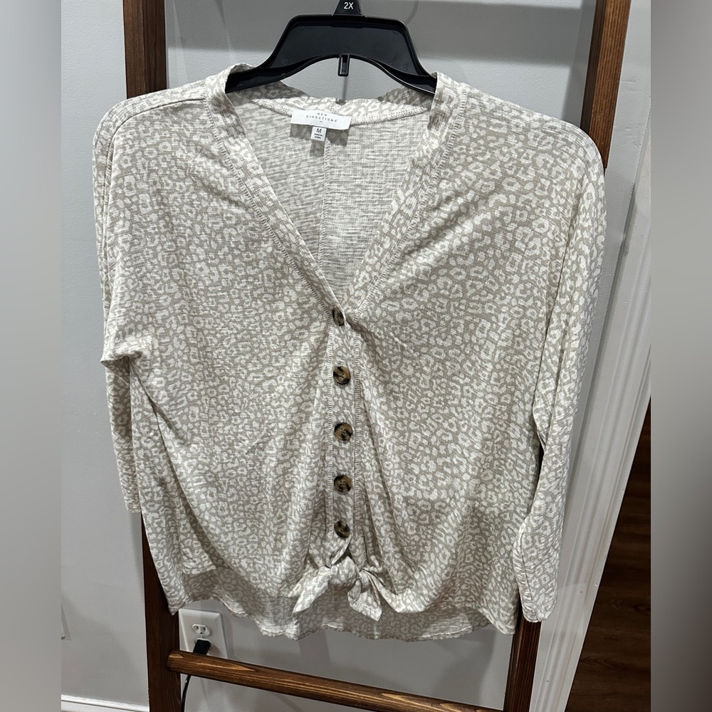 New Directions Cream Animal Print Button-Down Shirt